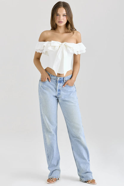 Aria White Stretch Cotton Off-The-Shoulder Frill Corset