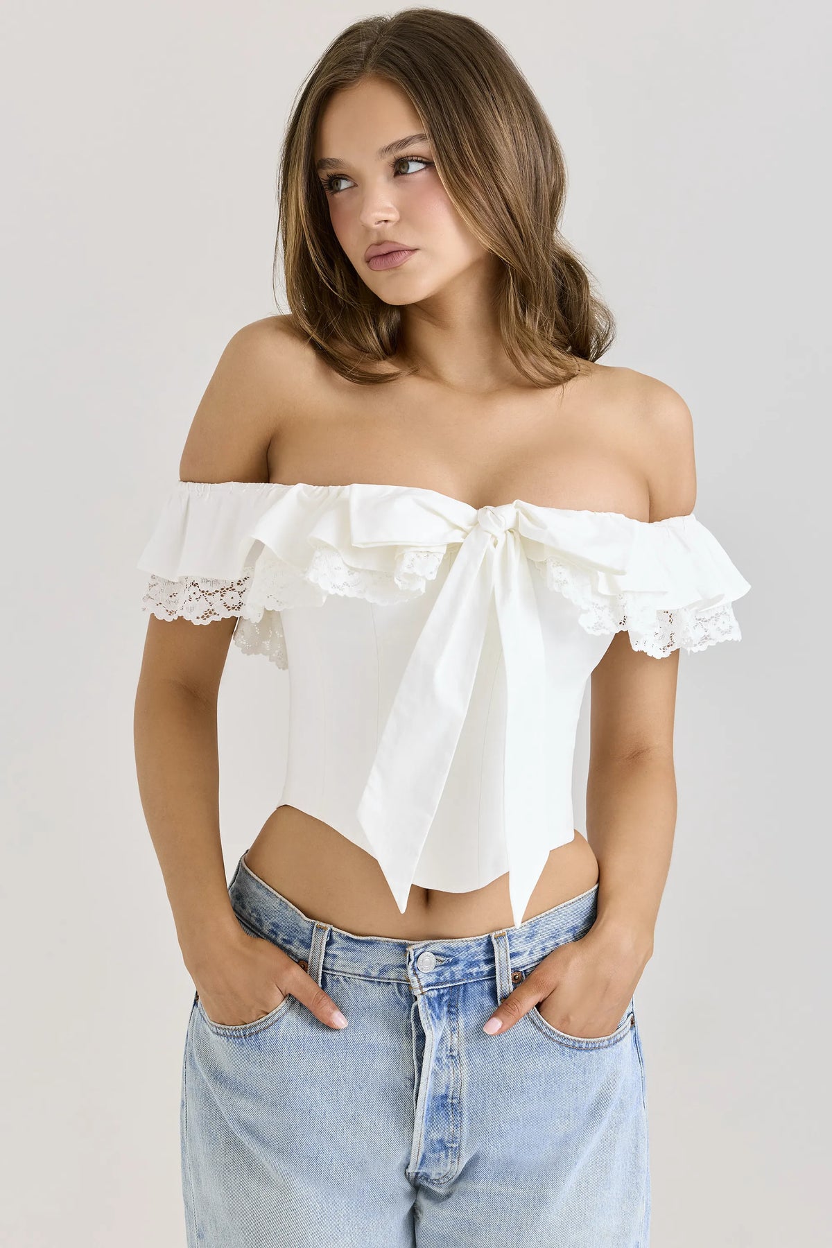 Aria White Stretch Cotton Off-The-Shoulder Frill Corset