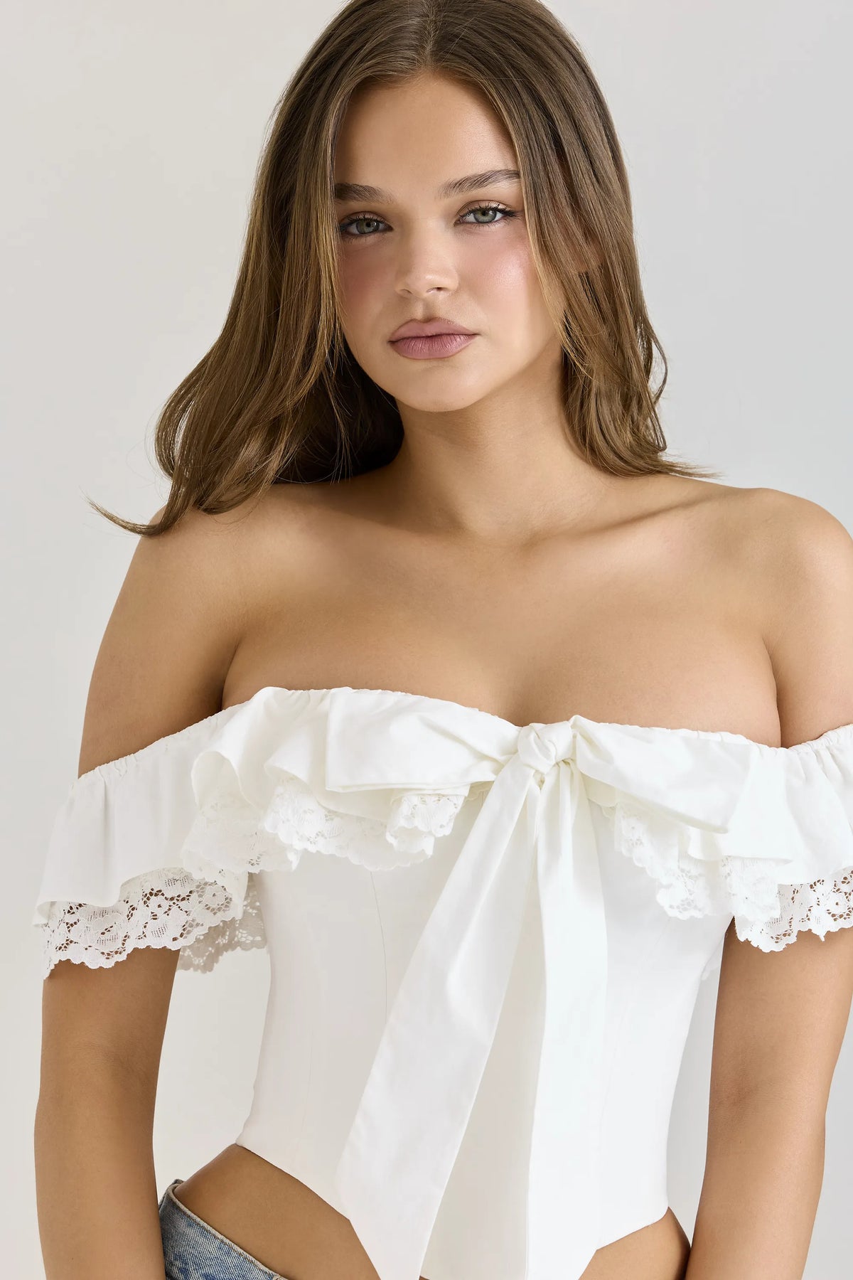 Aria White Stretch Cotton Off-The-Shoulder Frill Corset