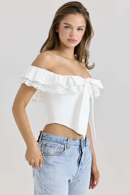 Aria White Stretch Cotton Off-The-Shoulder Frill Corset