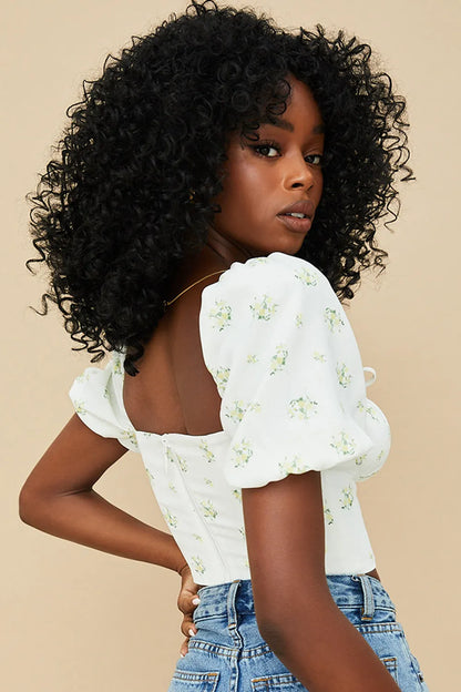 Arianna Ivory Floral Puff Sleeve Cropped Top