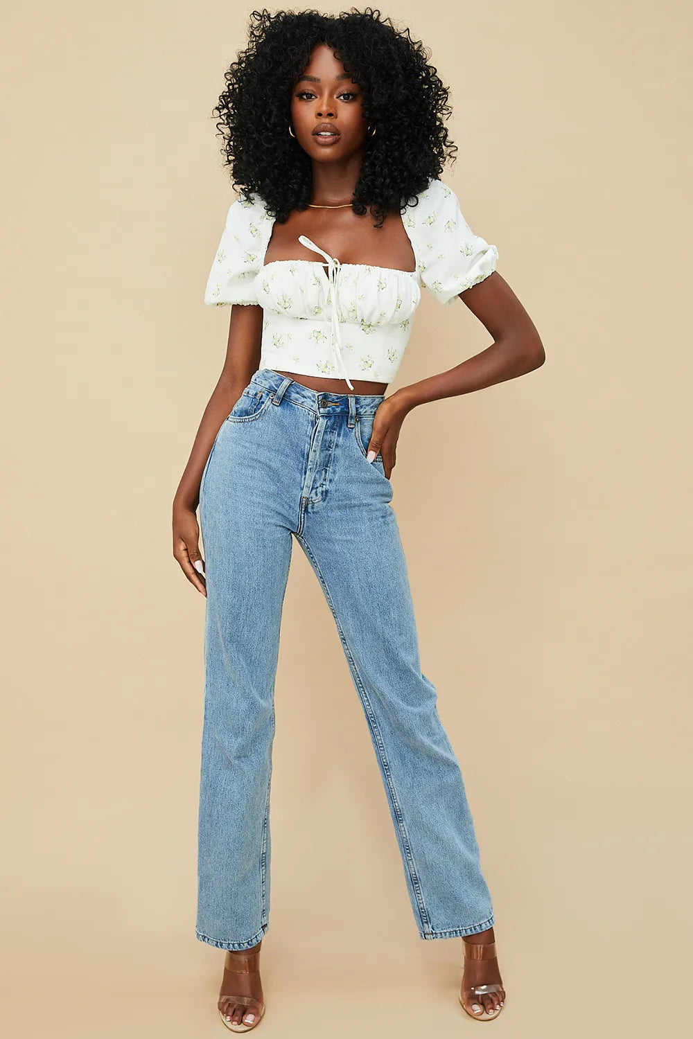 Arianna Ivory Floral Puff Sleeve Cropped Top