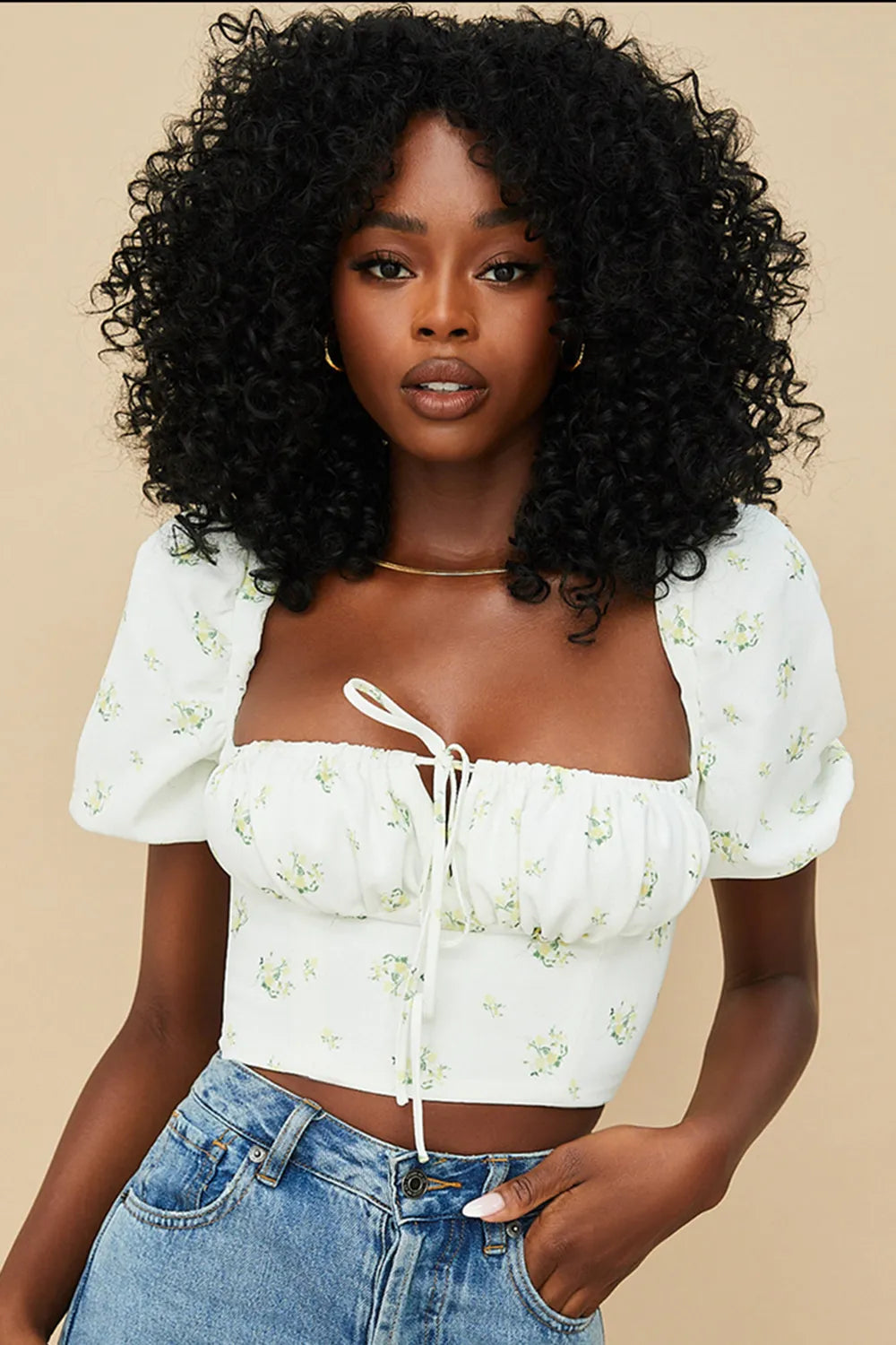 Arianna Ivory Floral Puff Sleeve Cropped Top