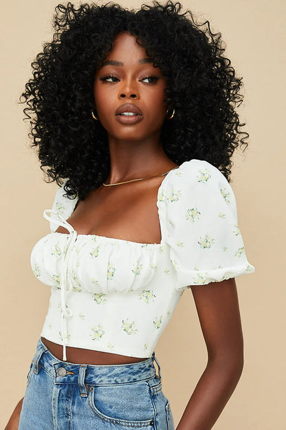 Arianna Ivory Floral Puff Sleeve Cropped Top