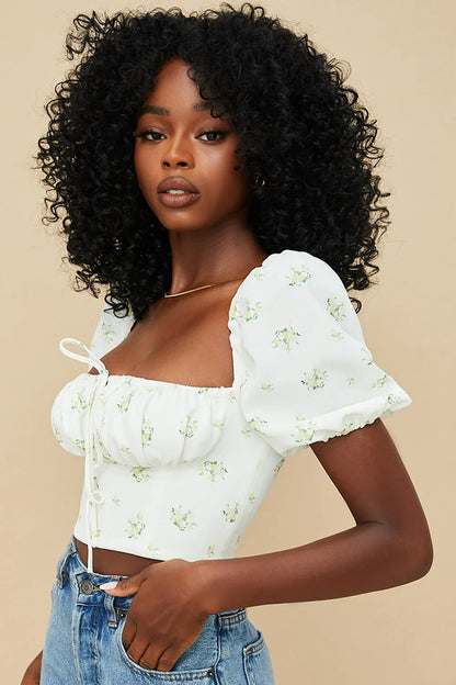 Arianna Ivory Floral Puff Sleeve Cropped Top