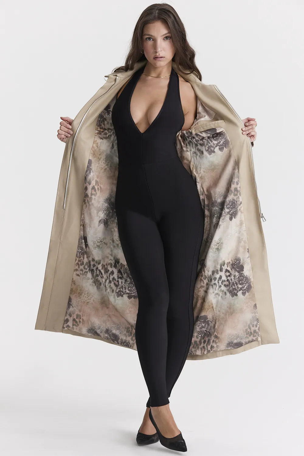 Ariel Beige Vegan Leather Trench Coat