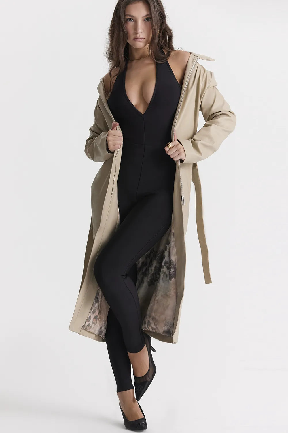 Ariel Beige Vegan Leather Trench Coat