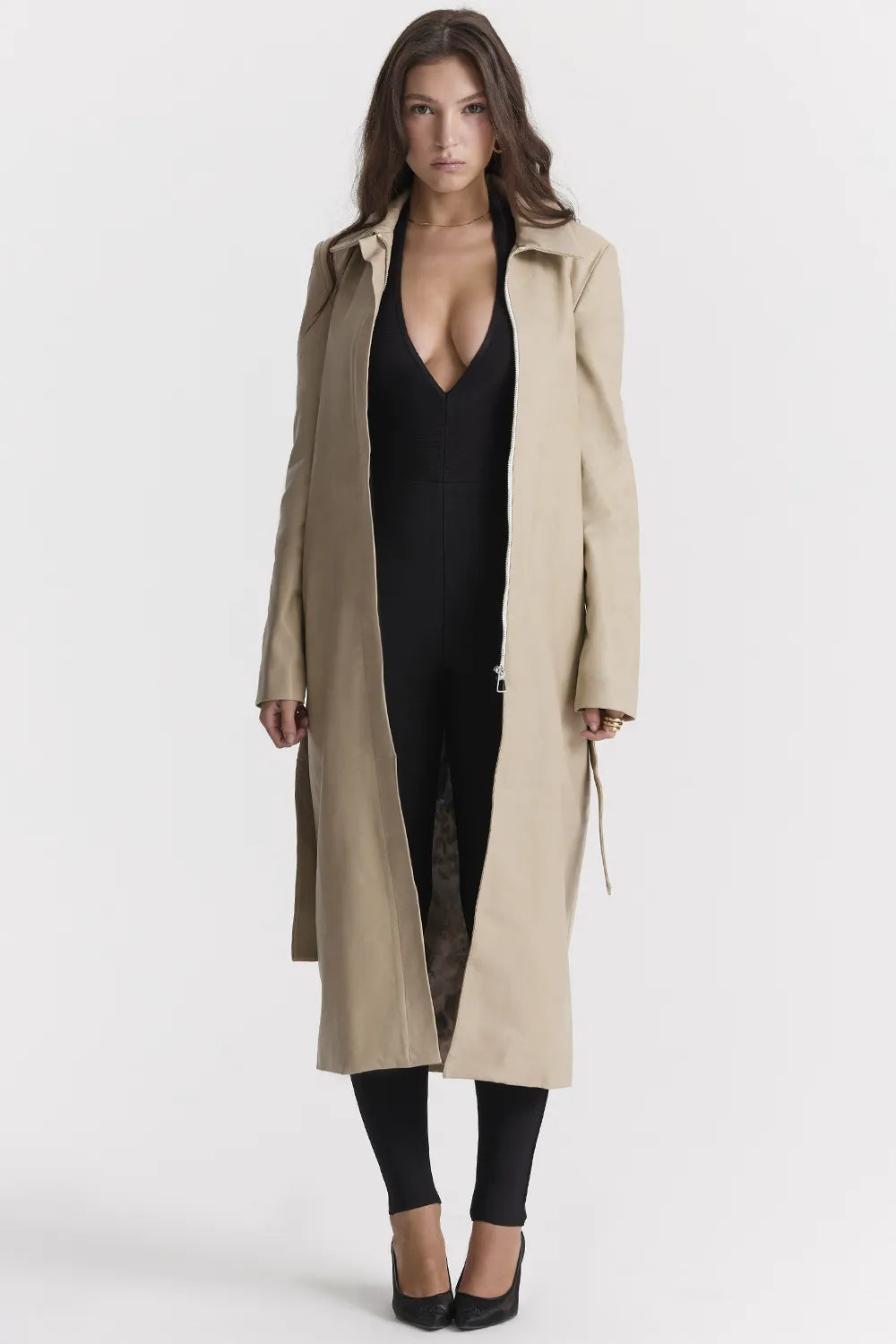Ariel Beige Vegan Leather Trench Coat