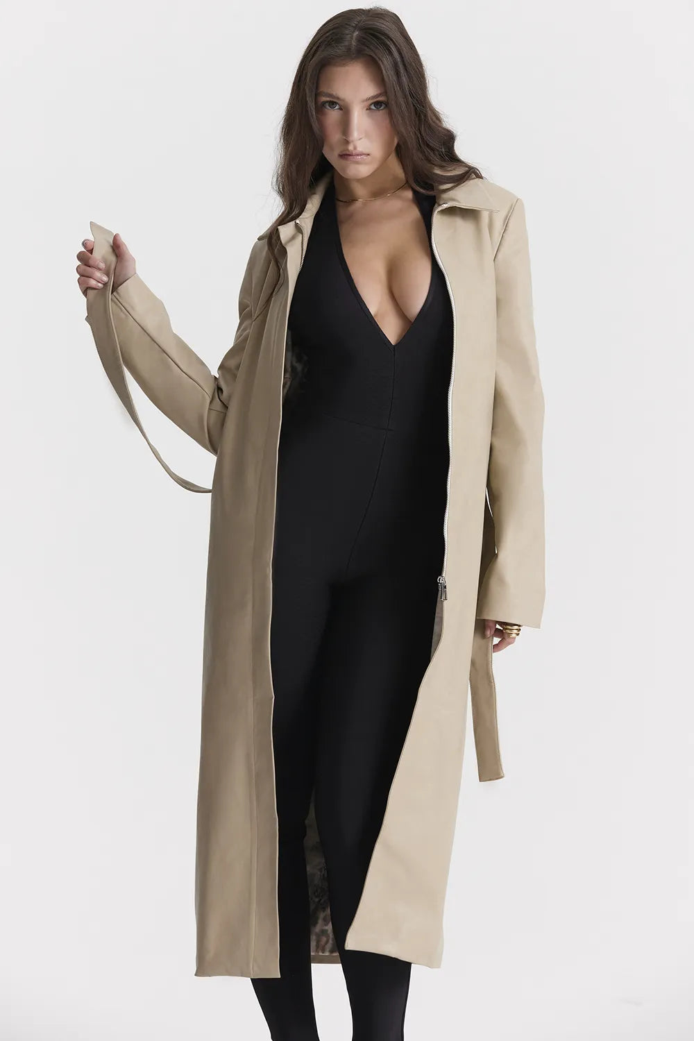 Ariel Beige Vegan Leather Trench Coat