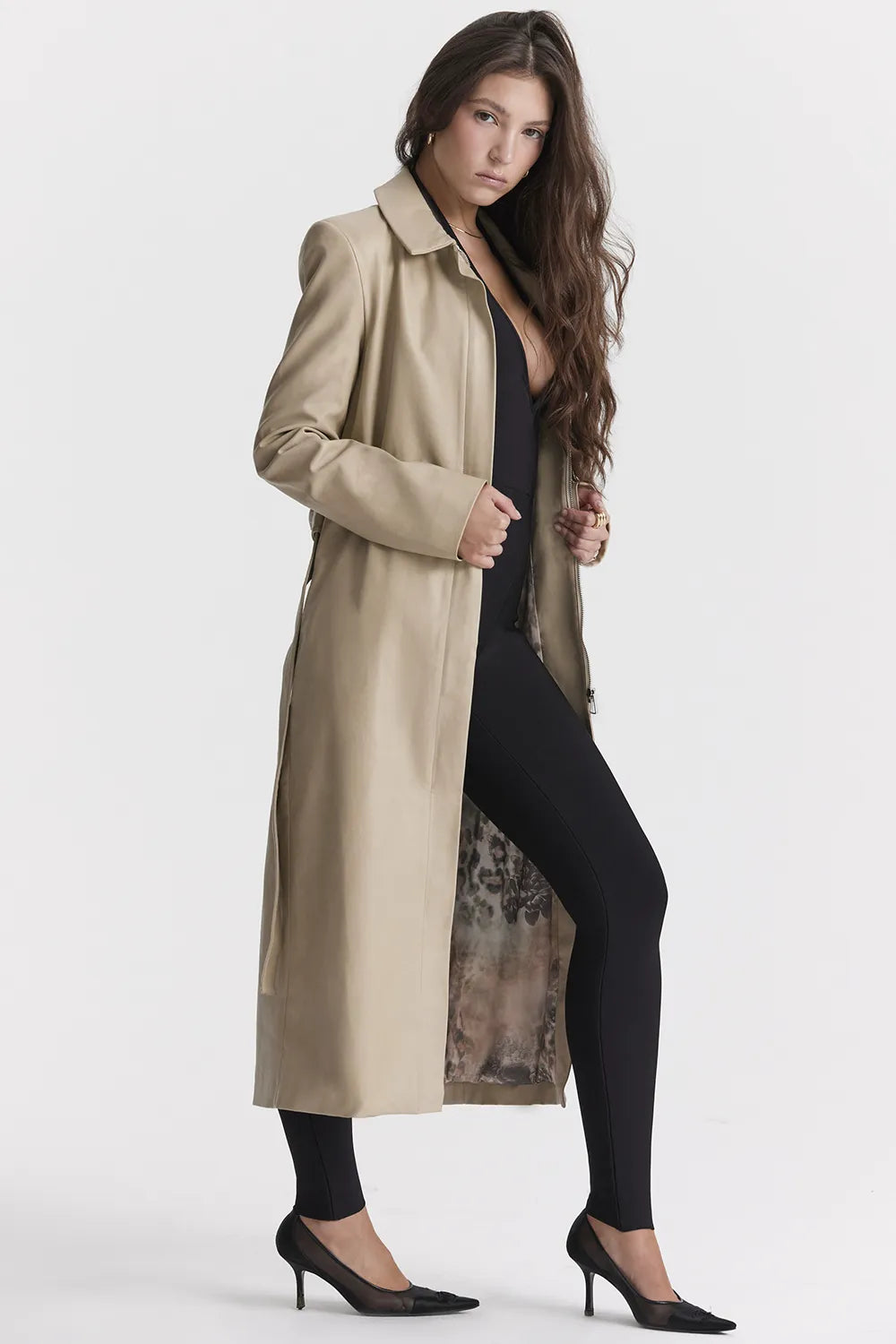 Ariel Beige Vegan Leather Trench Coat