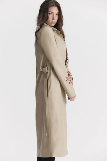 Ariel Beige Vegan Leather Trench Coat