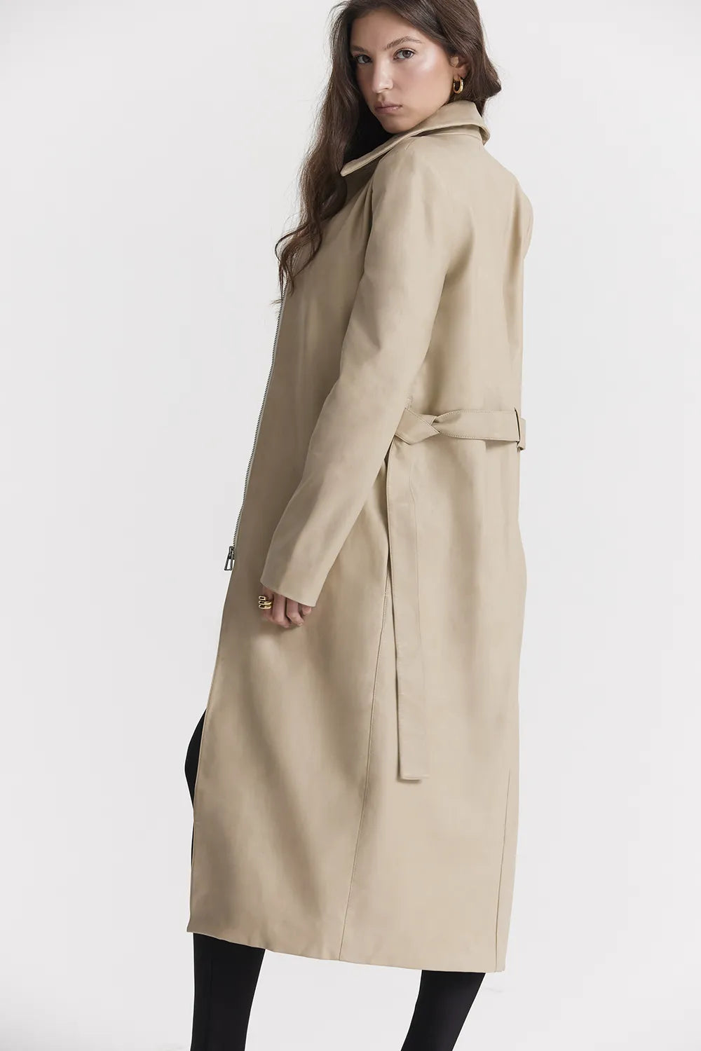 Ariel Beige Vegan Leather Trench Coat