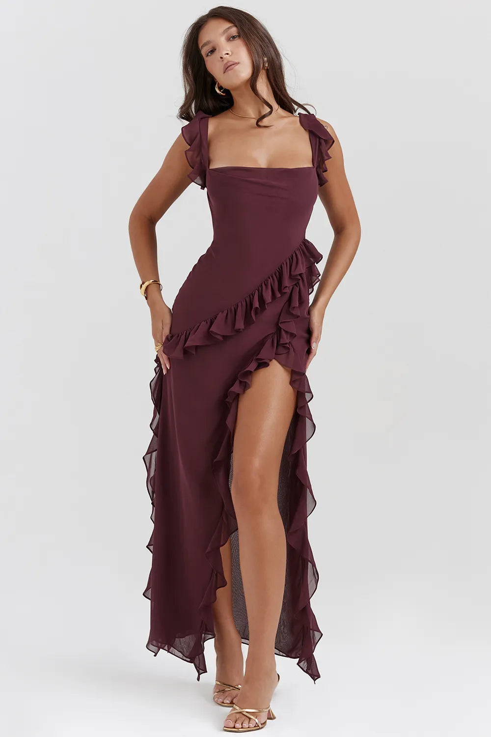 Ariela Mulberry Ruffle Maxi Dress