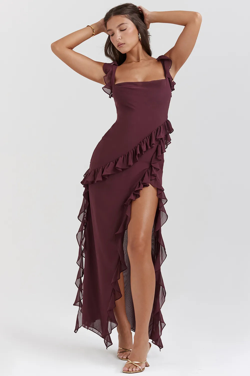 Ariela Mulberry Ruffle Maxi Dress