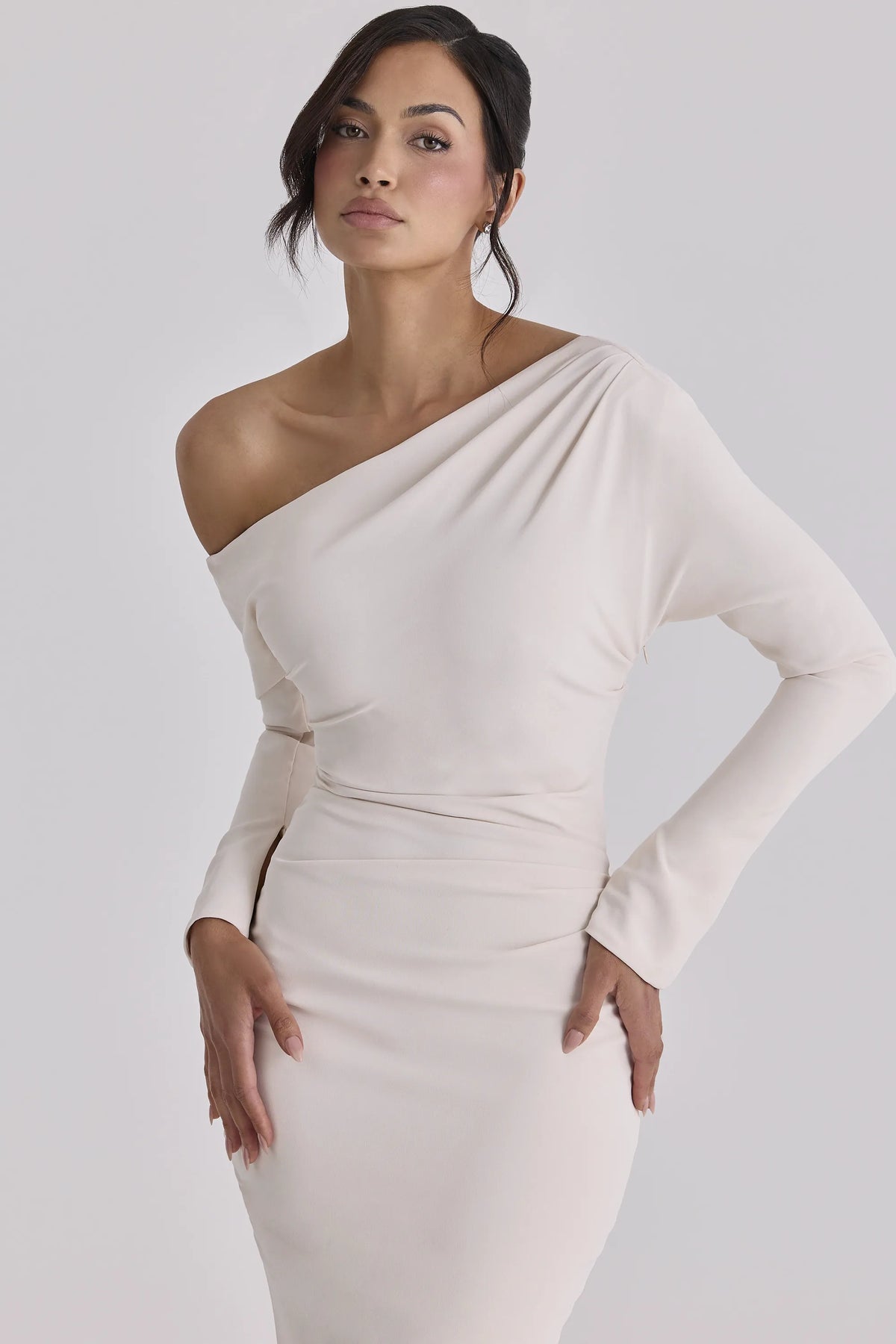 Arista Vintage Ivory Draped Crepe One Shoulder Midi Dress
