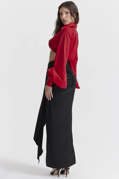 Arla Black Draped Silk Maxi Skirt