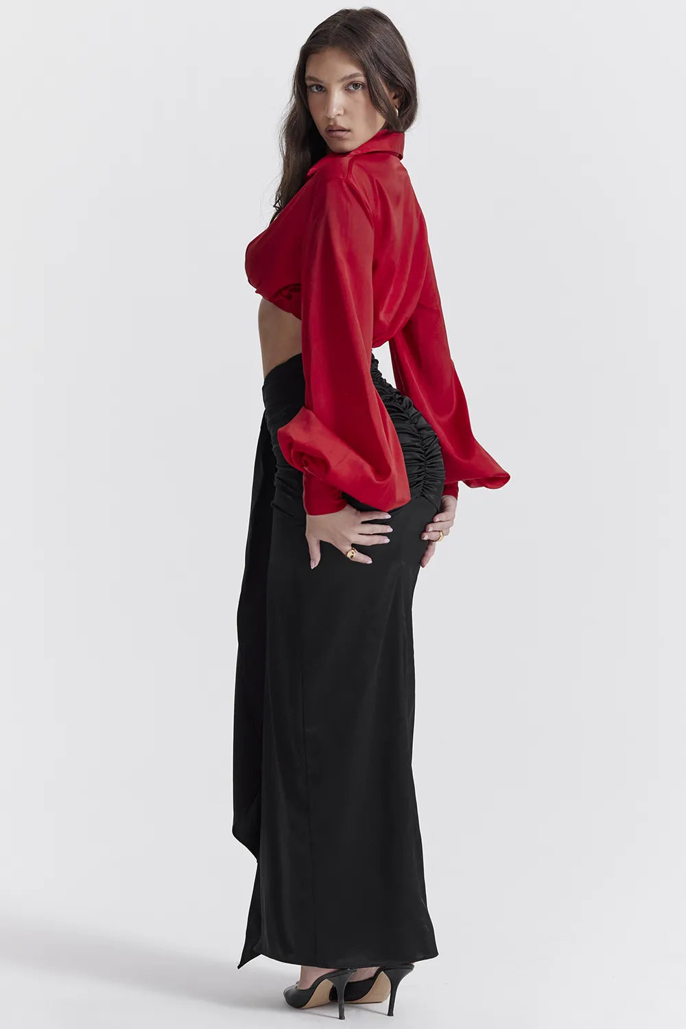 Arla Black Draped Silk Maxi Skirt