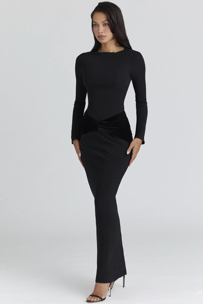 Athena Black Long Sleeve Crepe Jersey Maxi Dress