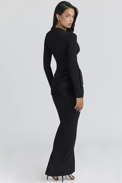 Athena Black Long Sleeve Crepe Jersey Maxi Dress