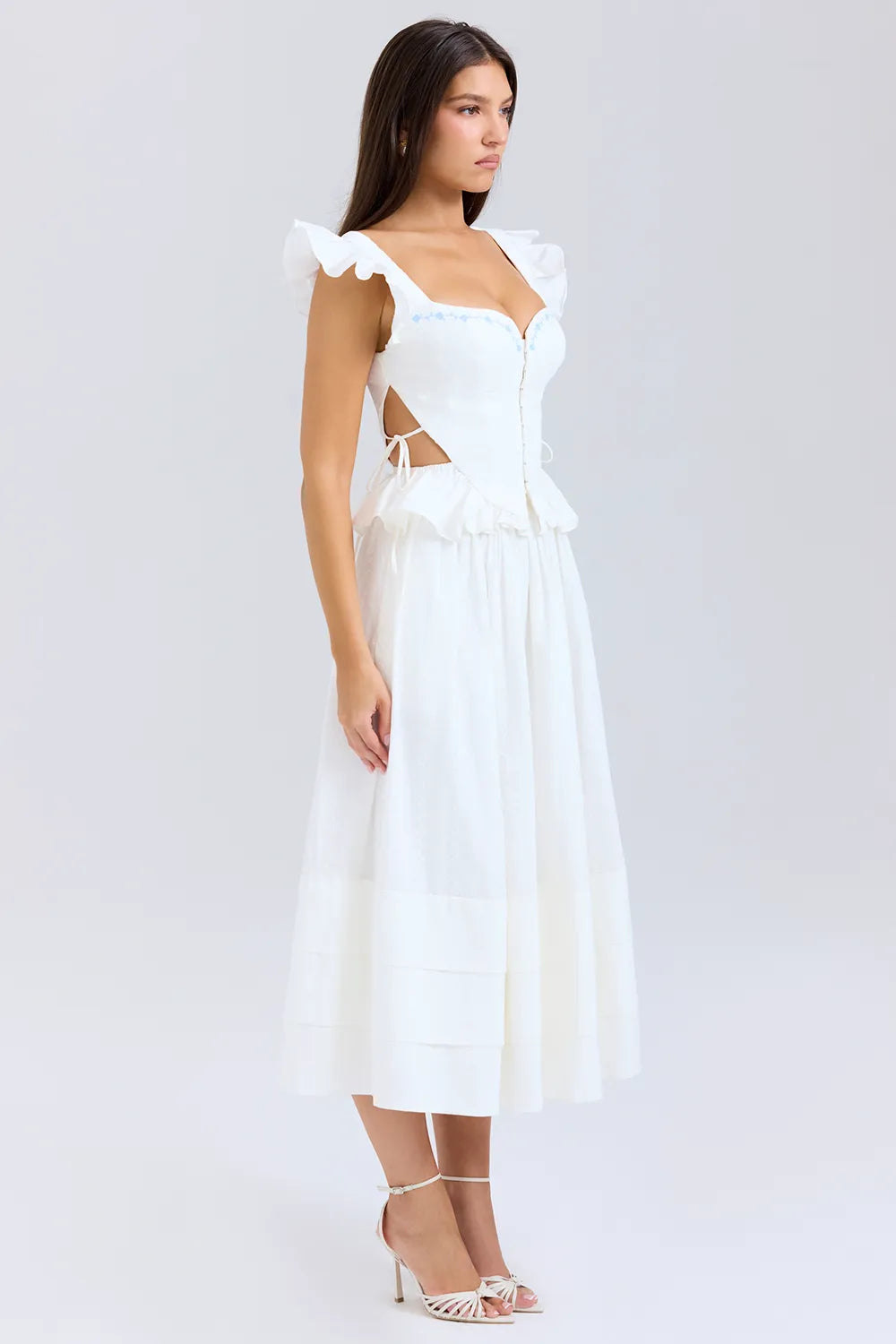 Augustine White Embroidered Cotton Midi Skirt