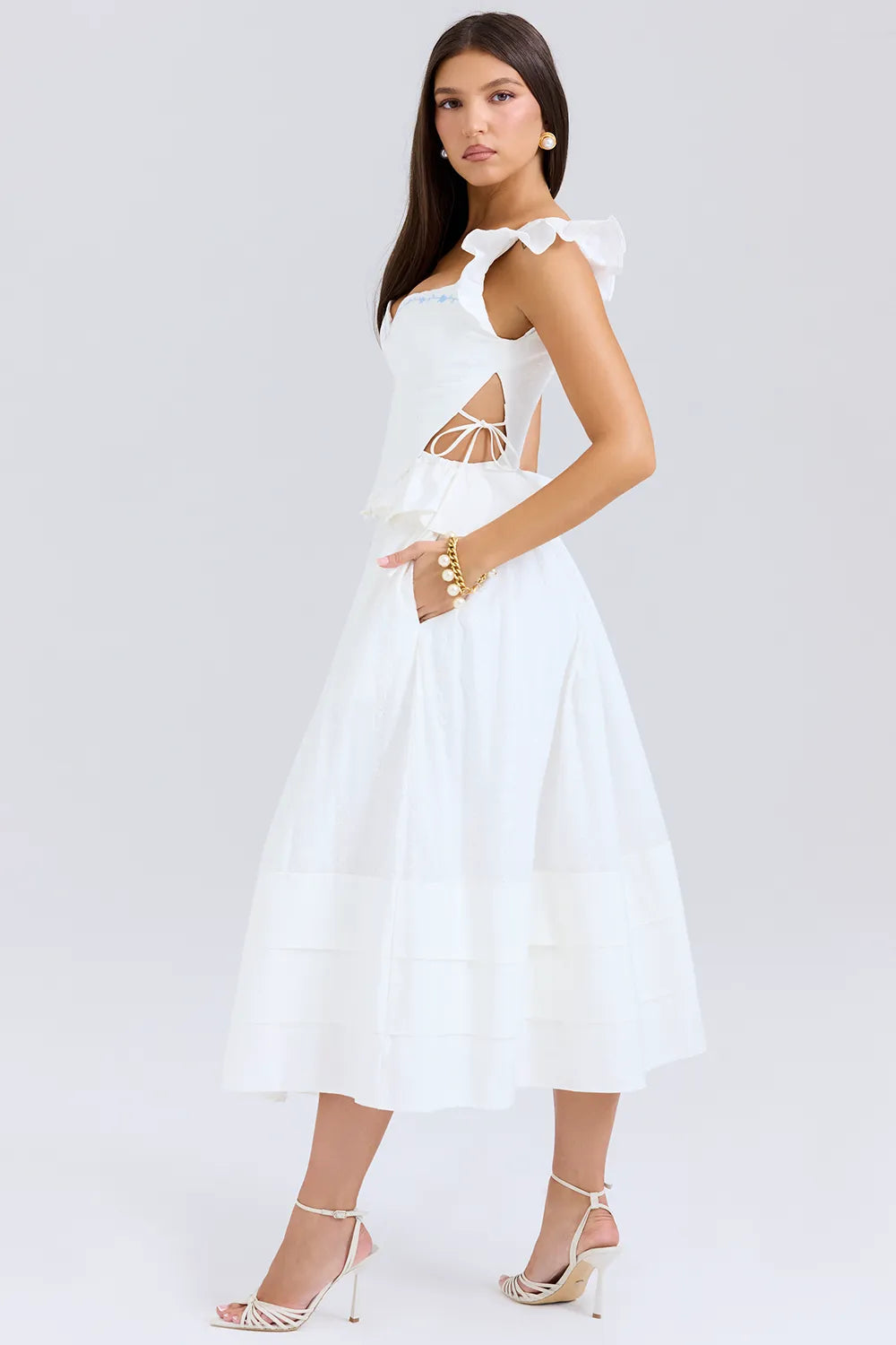 Augustine White Embroidered Cotton Midi Skirt