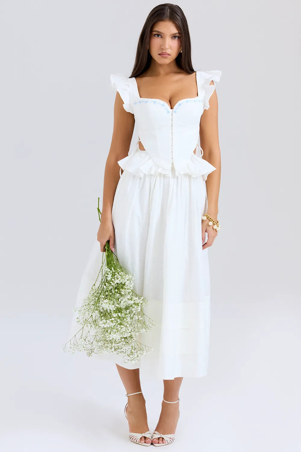 Augustine White Embroidered Cotton Midi Skirt