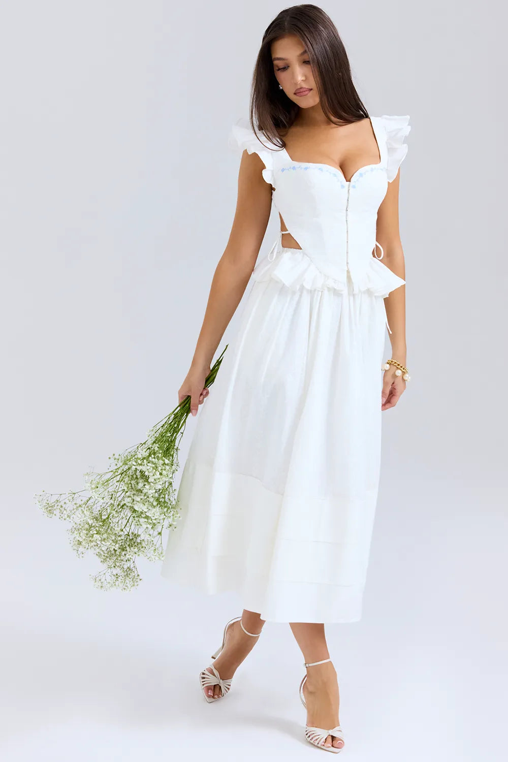 Augustine White Embroidered Cotton Midi Skirt