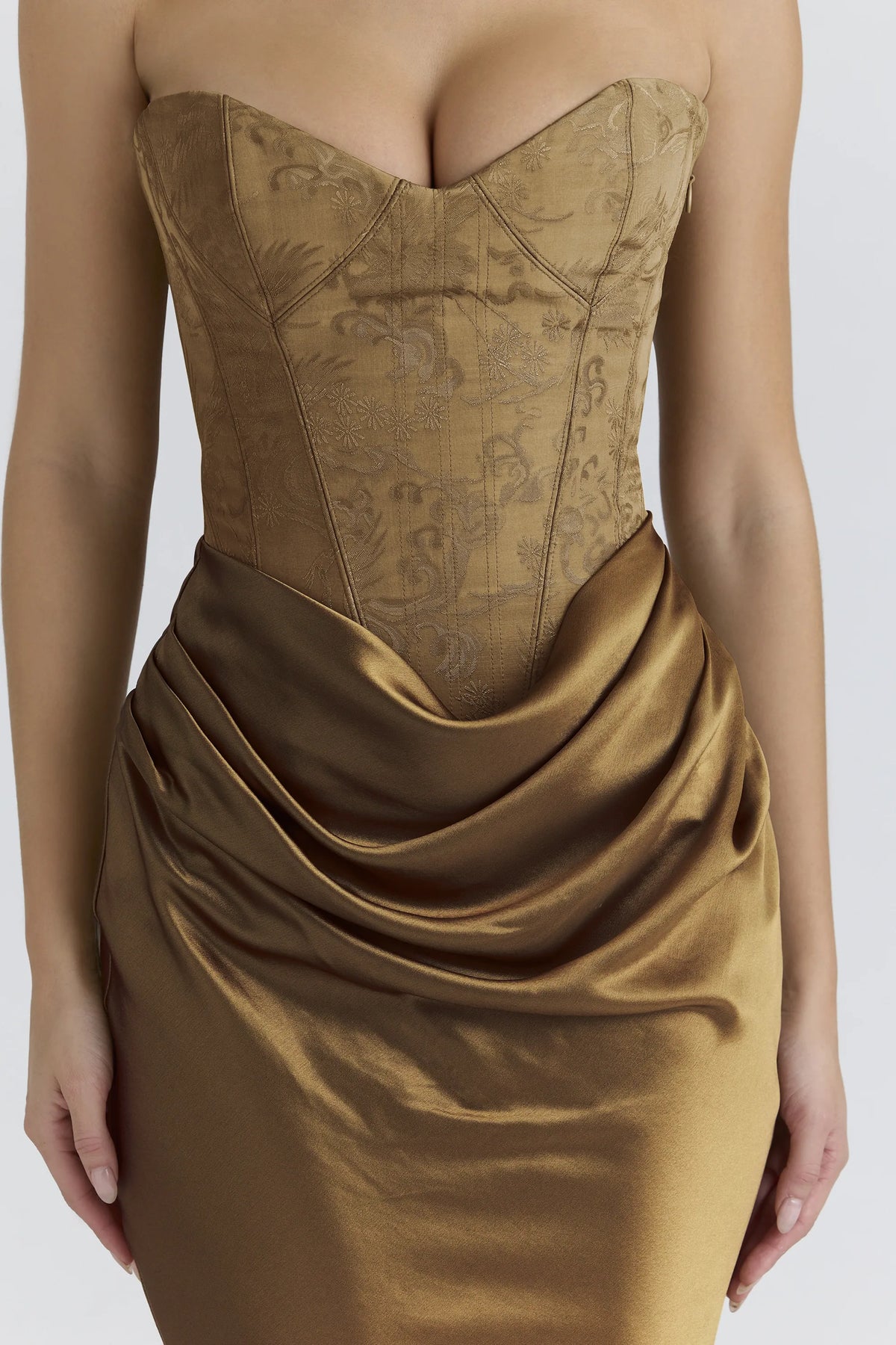 Aurelia Bronze Brocade Satin Corset Maxi Dress