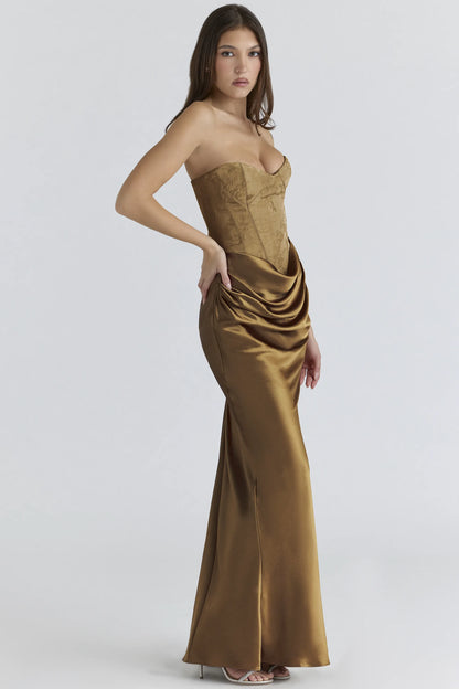 Aurelia Bronze Brocade Satin Corset Maxi Dress
