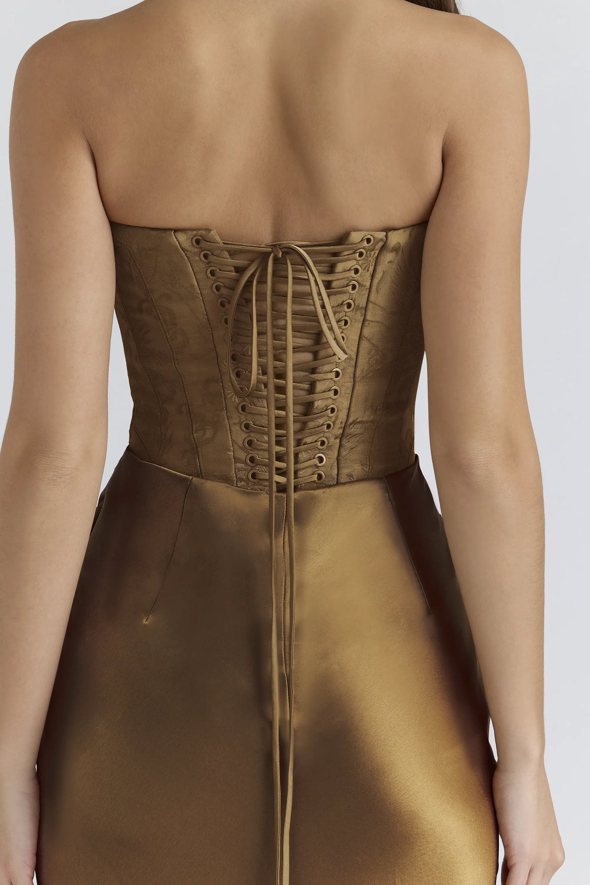 Aurelia Bronze Brocade Satin Corset Maxi Dress