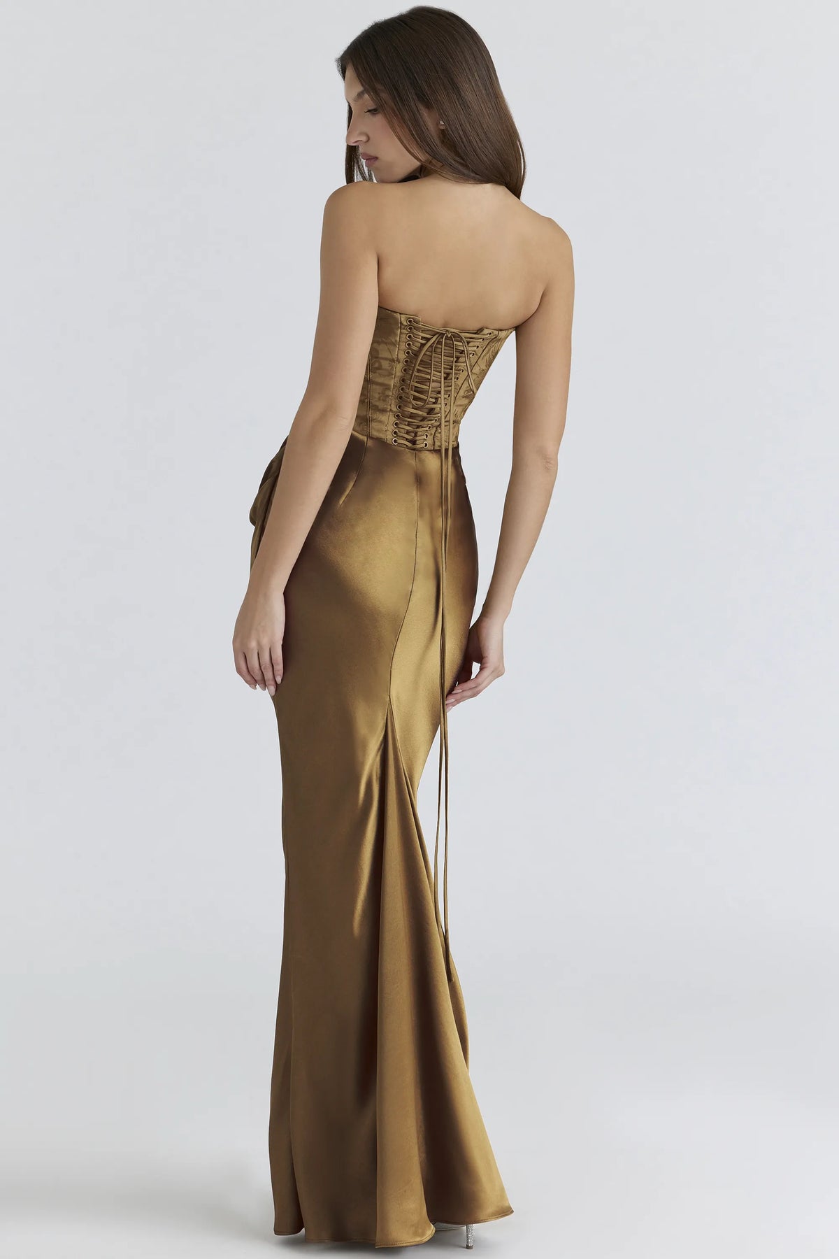 Aurelia Bronze Brocade Satin Corset Maxi Dress