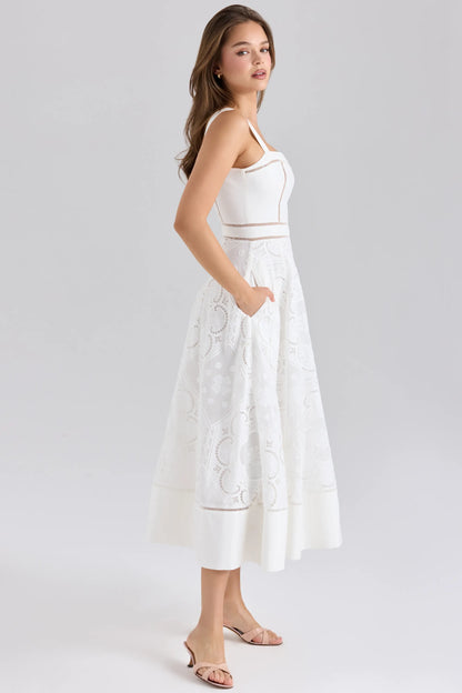 Ava White Stretch Cotton Broderie Anglaise Midi Dress