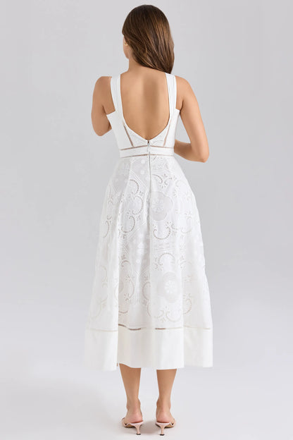 Ava White Stretch Cotton Broderie Anglaise Midi Dress
