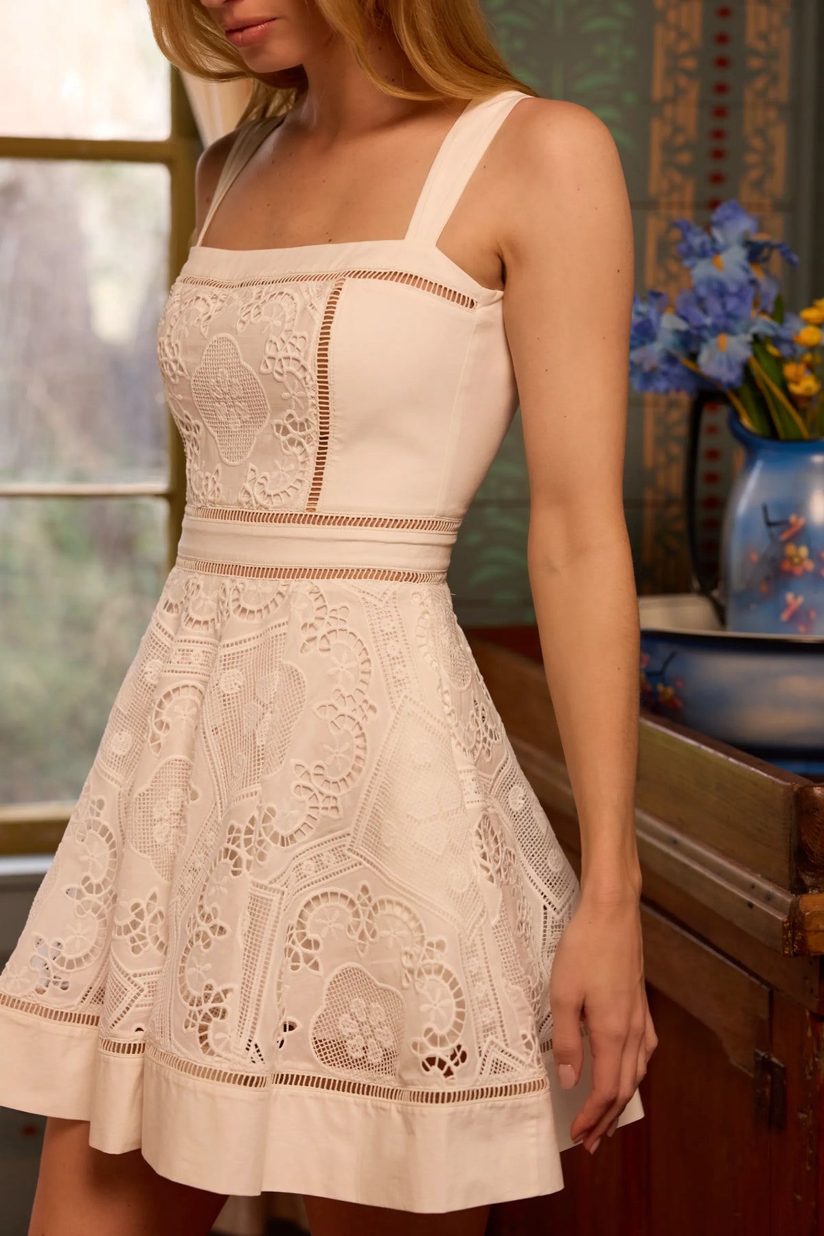 Ava White Custom Lace Cotton Broderie Anglaise Mini Sundress