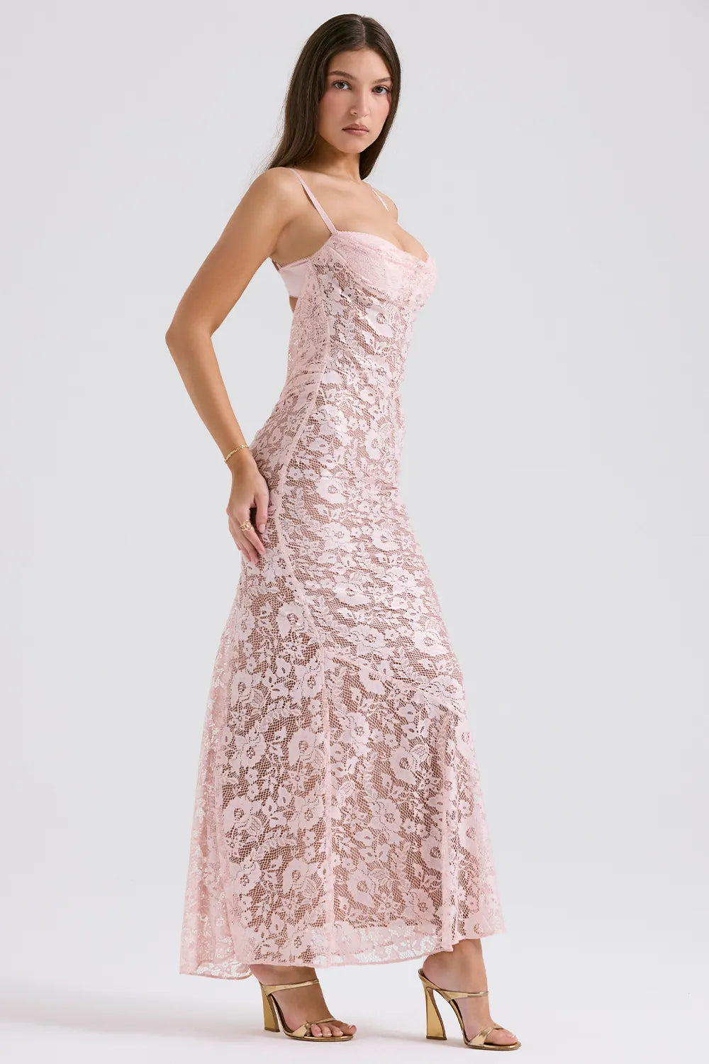 Azzurra Rose Pink Lace Godet Gown