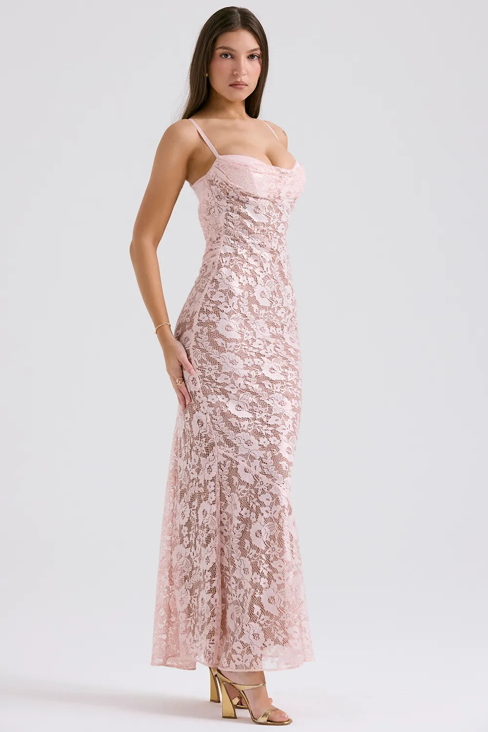 Azzurra Rose Pink Lace Godet Gown