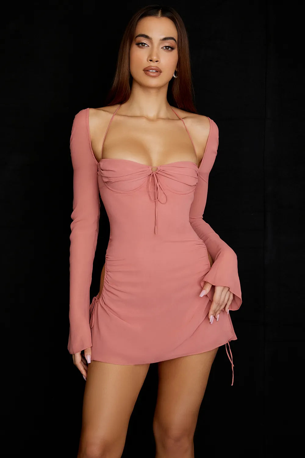 Baby Pink Chiffon Cutout Halter Mini Dress