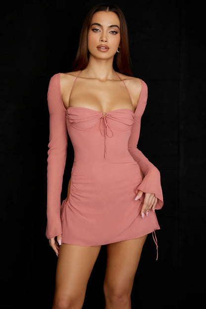 Baby Pink Chiffon Cutout Halter Mini Dress