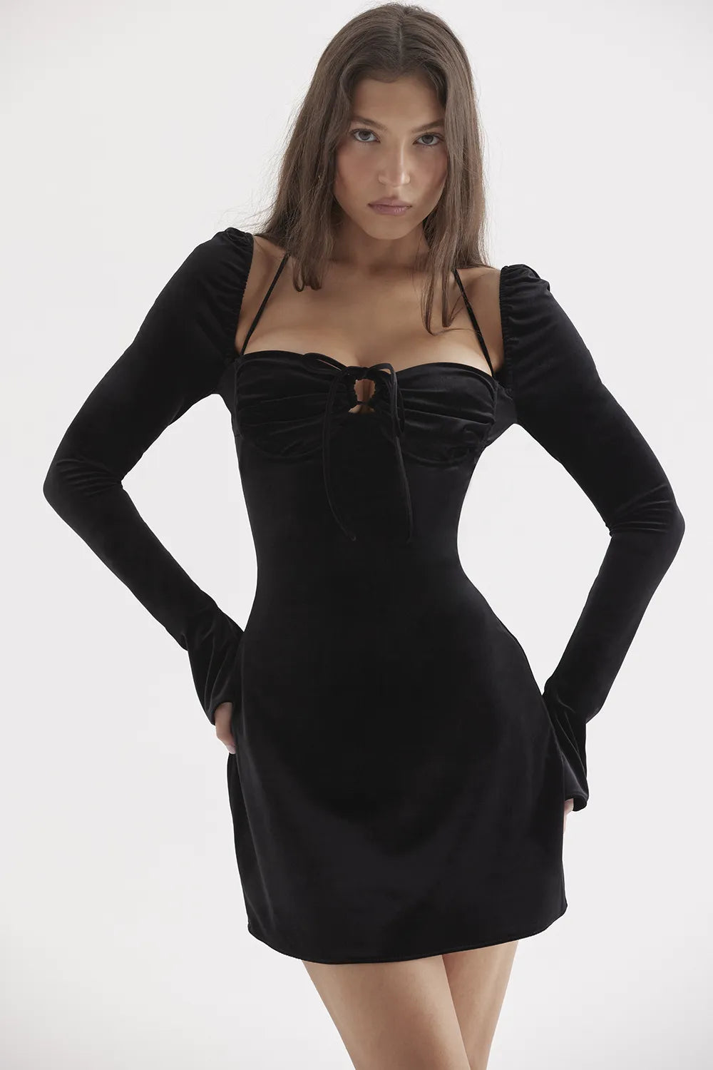 Babydoll Black Velvet Halter Mini Dress