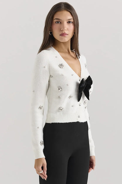 Beaubella Ivory Soft Mohair Embellished Cardigan