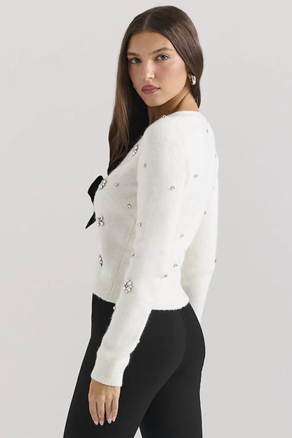 Beaubella Ivory Soft Mohair Embellished Cardigan