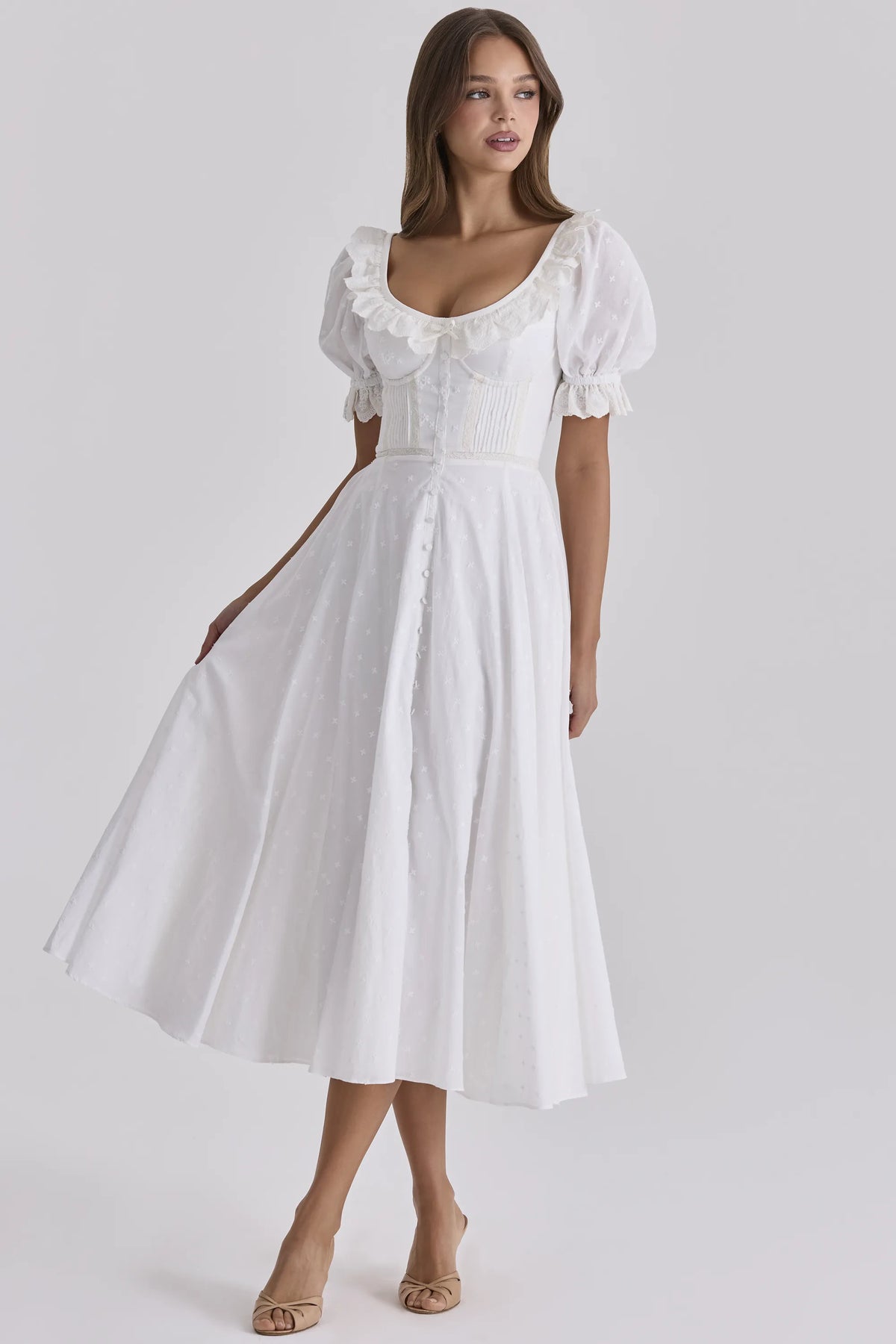 Bella White Broderie Anglais Babydoll Midi Dress
