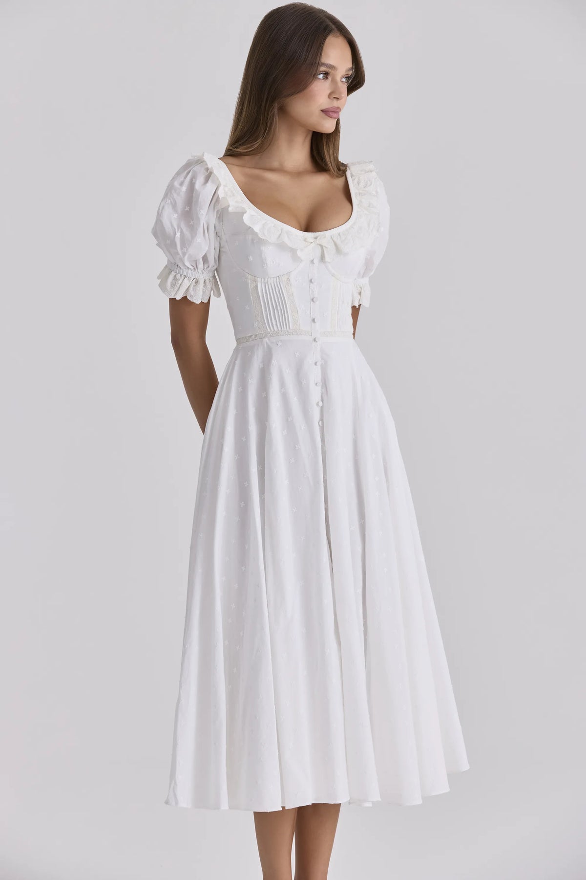 Bella White Broderie Anglais Babydoll Midi Dress