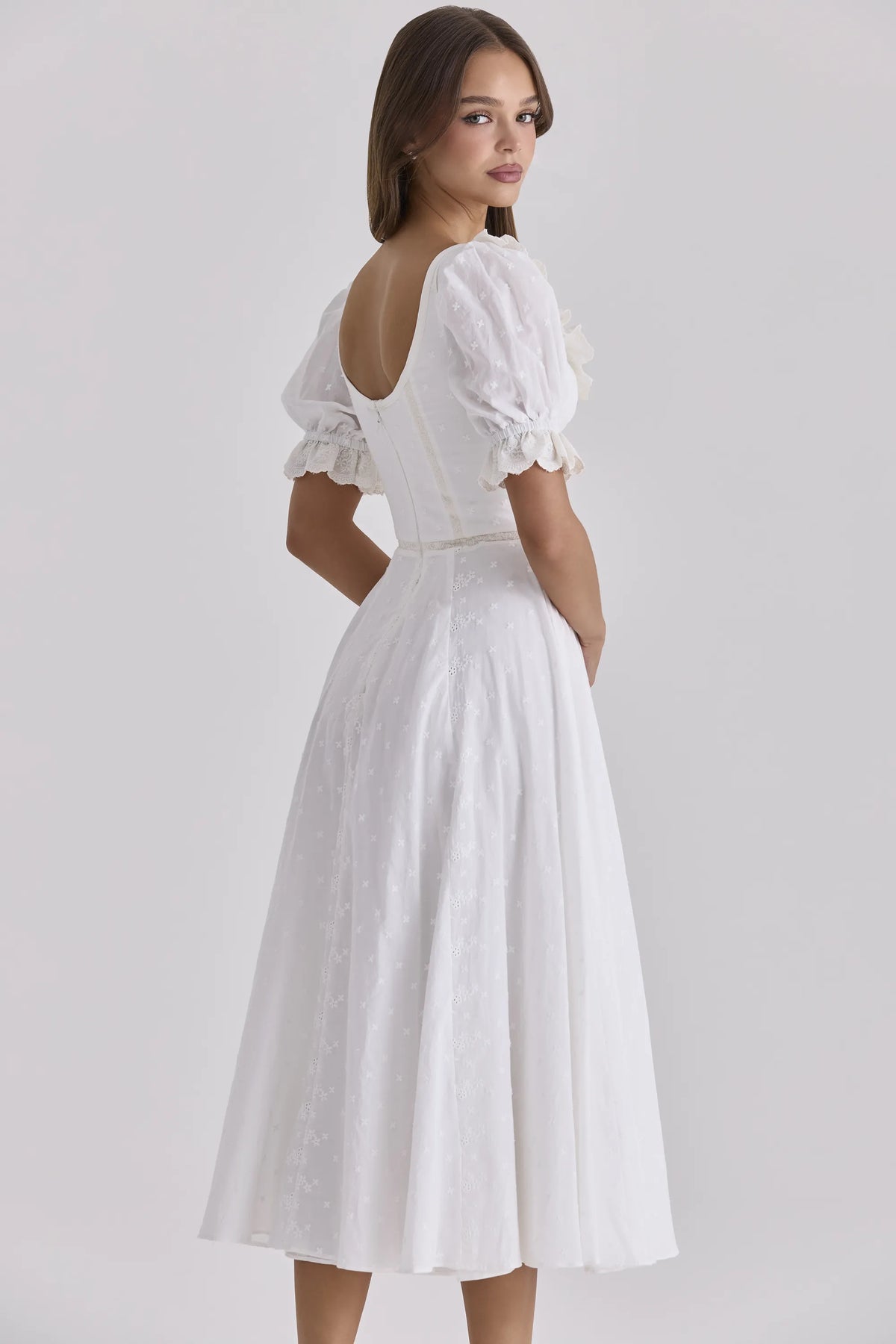 Bella White Broderie Anglais Babydoll Midi Dress