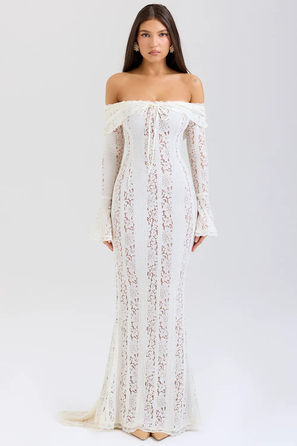 Belle Vintage Cream Floral Lace Off Shoulder Maxi Dress
