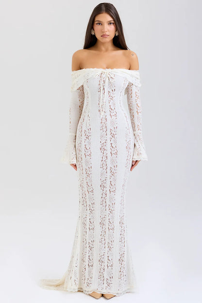 Belle Vintage Cream Floral Lace Off Shoulder Maxi Dress