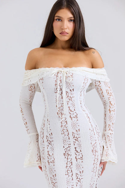 Belle Vintage Cream Floral Lace Off Shoulder Maxi Dress