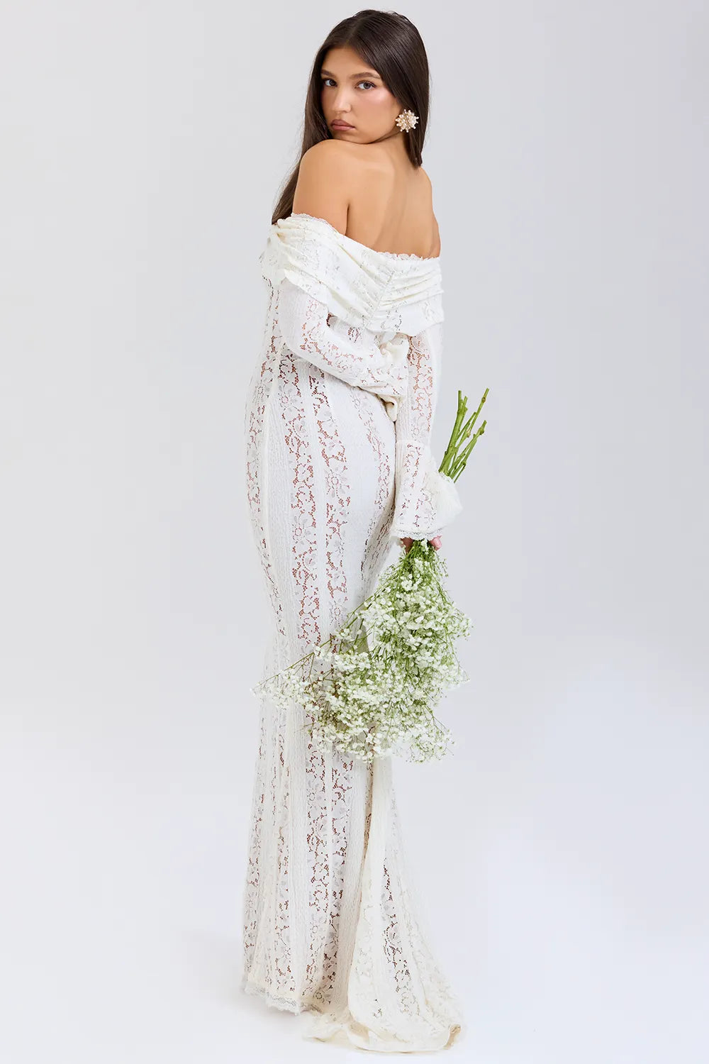 Belle Vintage Cream Floral Lace Off Shoulder Maxi Dress