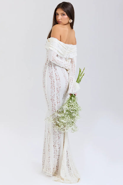 Belle Vintage Cream Floral Lace Off Shoulder Maxi Dress