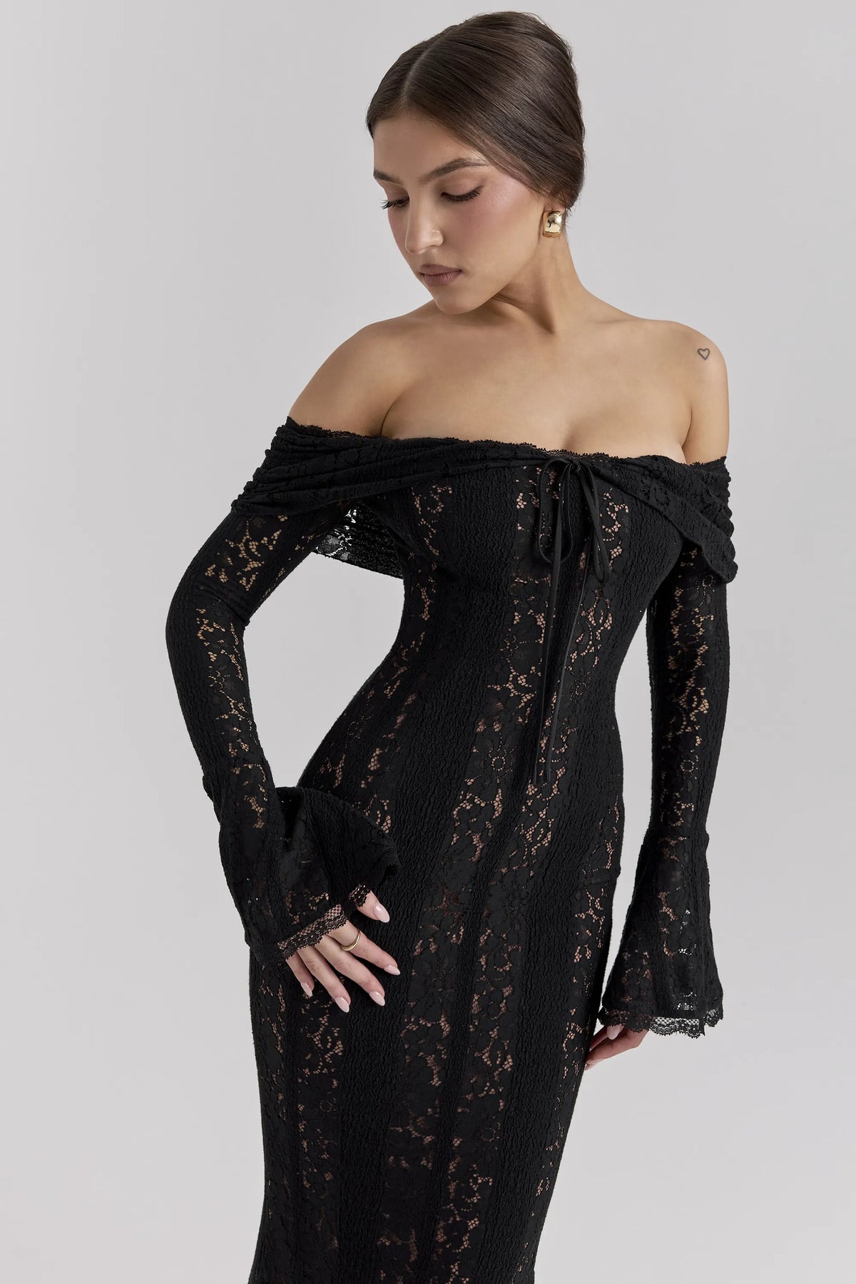 Belle Black Off Shoulder Floral Lace Maxi Dress